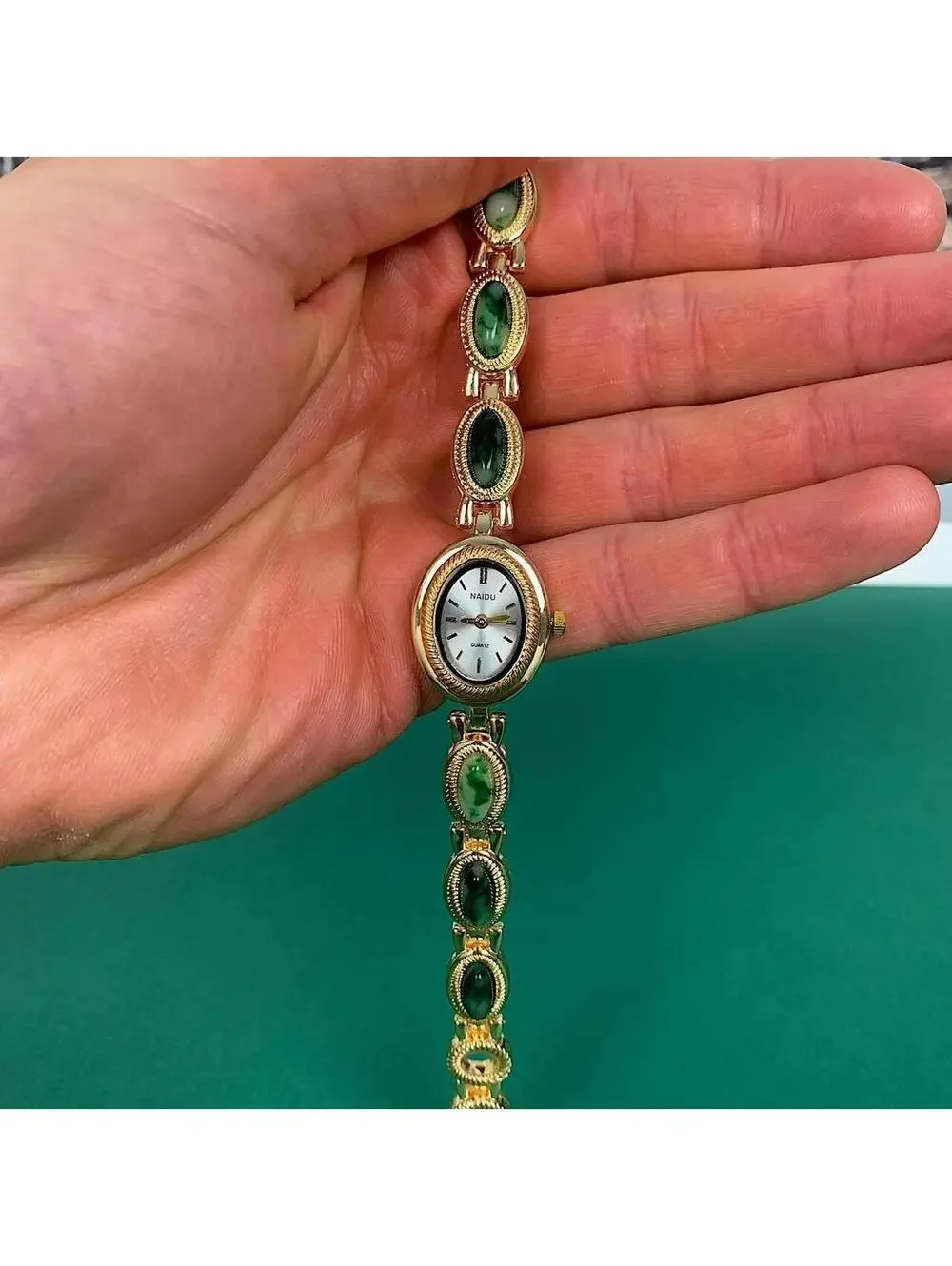 Y2K Gold Green Dainty Quartz Opal Jade Watch 8 Inch Unisex